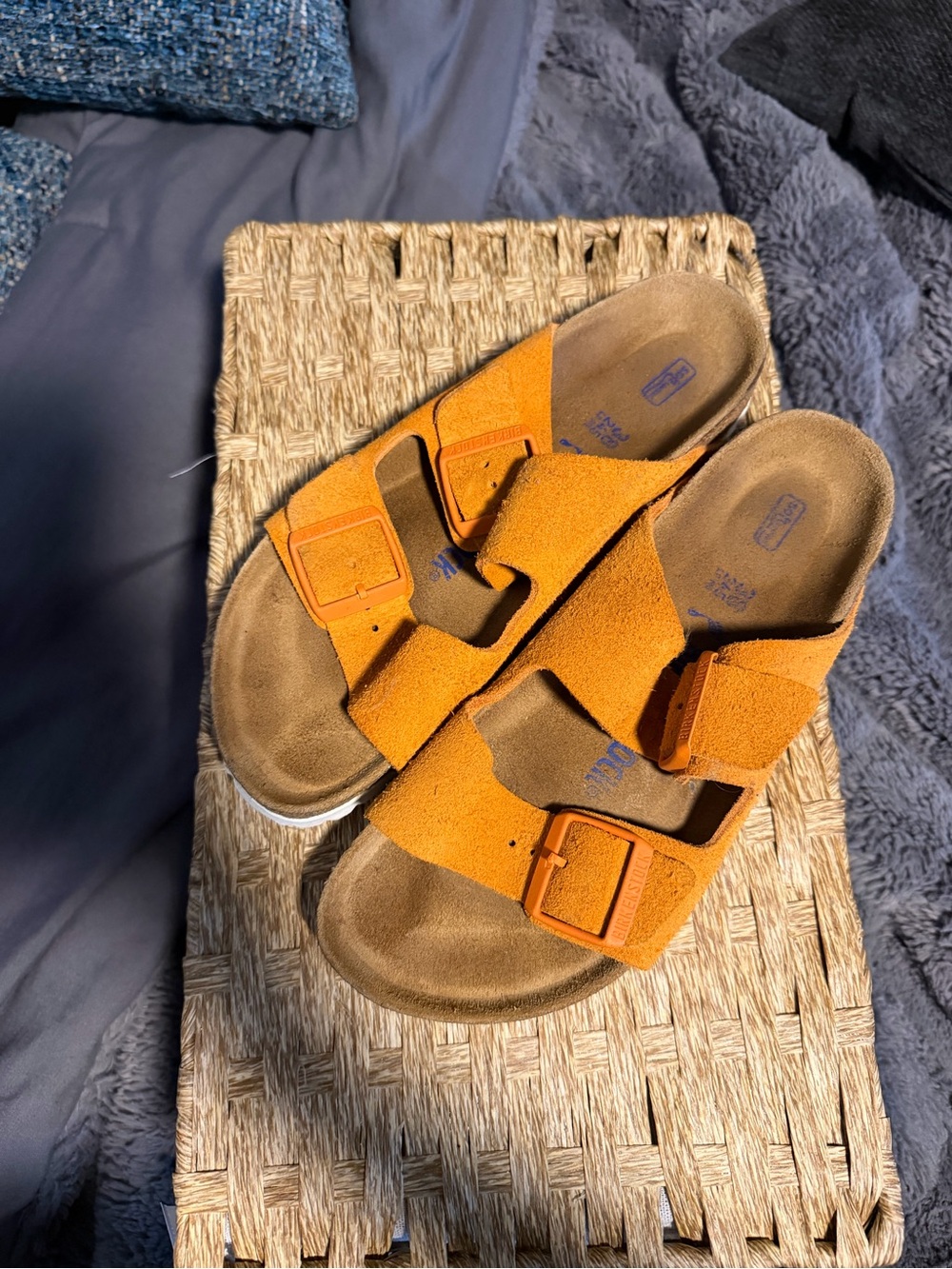 Birkenstock Orange Suede Two-Strap Slide Sandals